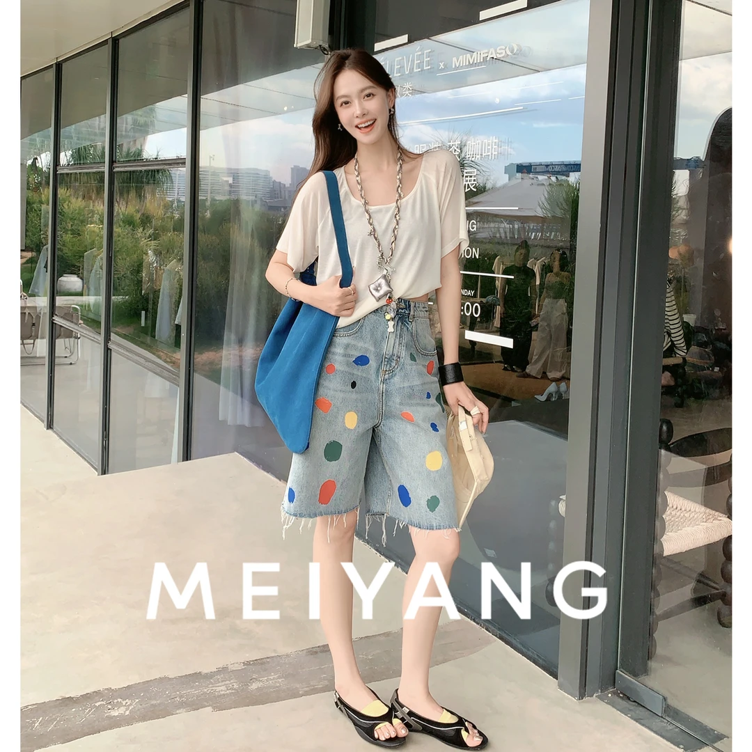 美洋MEIYANG【商场同款】彩灯牛仔短裤 七彩印花宽松五分裤夏季