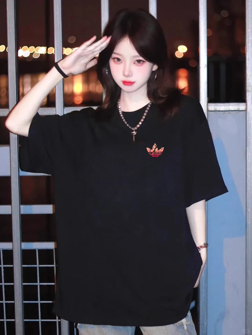 正品奥莱三叶碎片百搭休闲小众落肩袖白色圆领夏季男女T恤通用