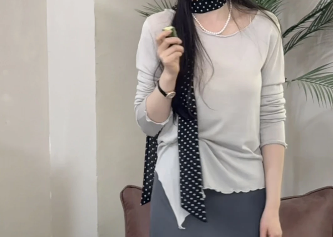9906长袖慵懒风通勤纯色中长款T恤时尚气质洋气防晒衫