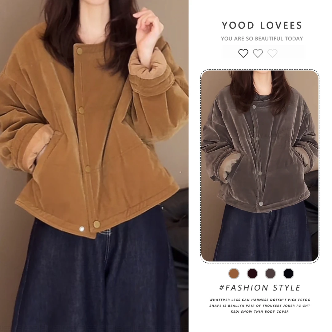 2025冬季新款小个子圆领短棉服纯色加厚保暖外套单排扣休闲百搭女