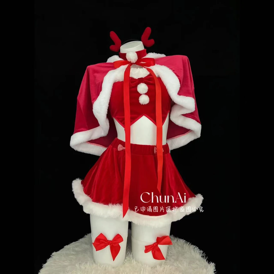 【甜心小麋鹿】ChunAi性感纯欲红色丝绒套装圣诞毛绒绒套装节日过年