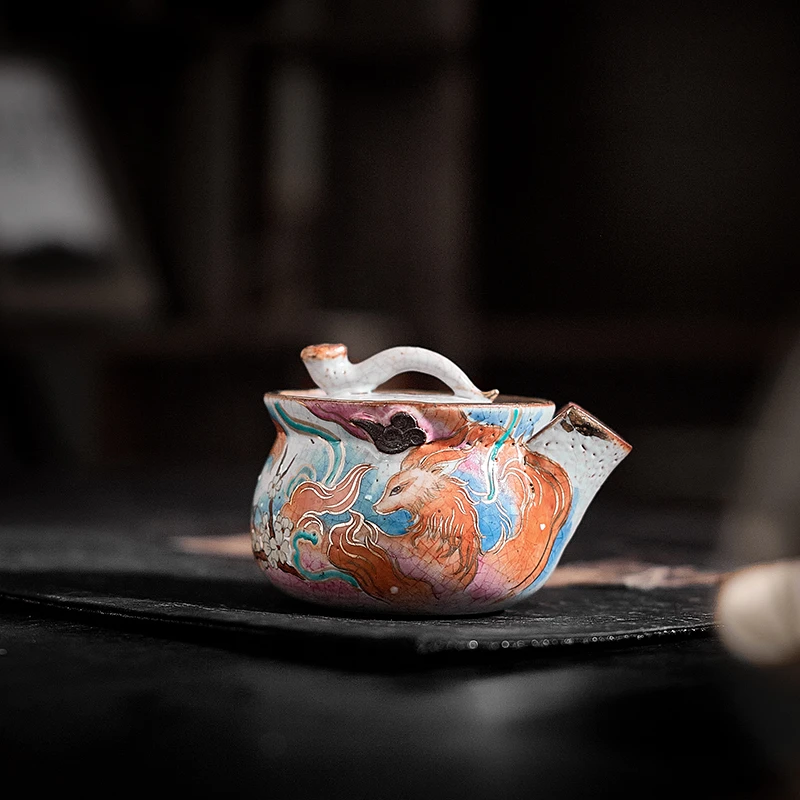 简趣茶器 手绘橙色九尾狐宝瓶茶壶日式复古陶瓷泡茶壶功夫茶具