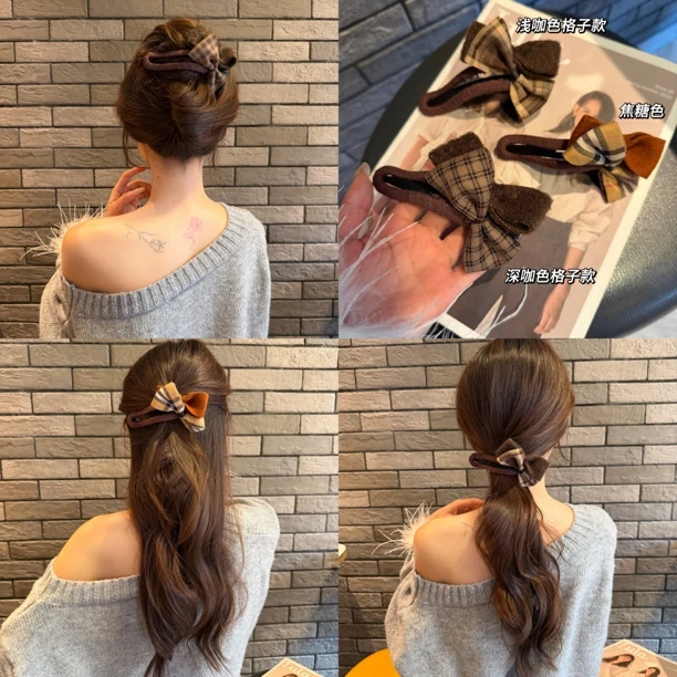 复古气质格纹蝴蝶结抓夹横夹发夹女后脑勺一字夹半扎发鸭嘴夹发饰