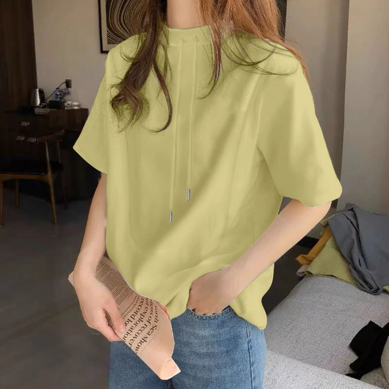 半高领半袖t恤女夏季新款宽松显瘦洋气减龄百搭系带高级感上衣