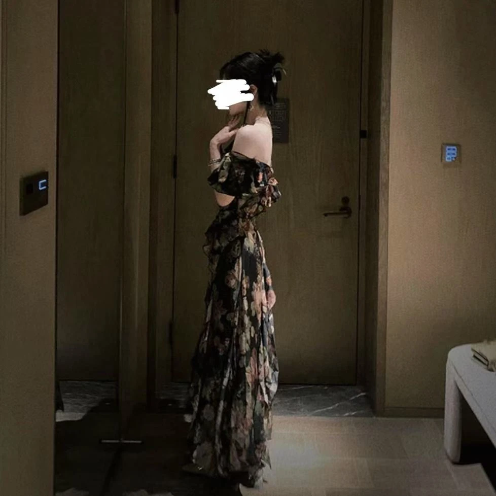 [胖鹅张]暗夜玫瑰度假风连衣裙长裙#1086[实物以直播间展示为准]