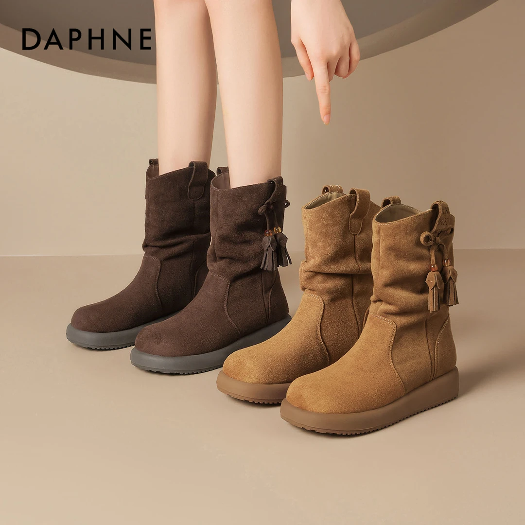 达芙妮复古百搭短靴女2025秋季新款流苏厚底堆堆靴轻便舒适马丁靴
