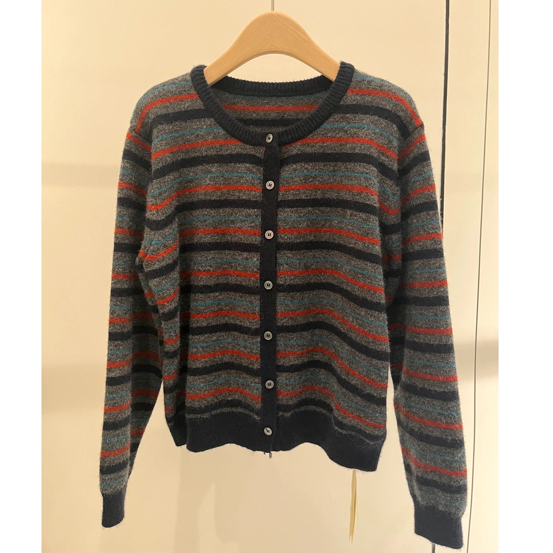 【商场品质】韩系高级感撞色 经典复古条纹毛衣开衫 CS 1009