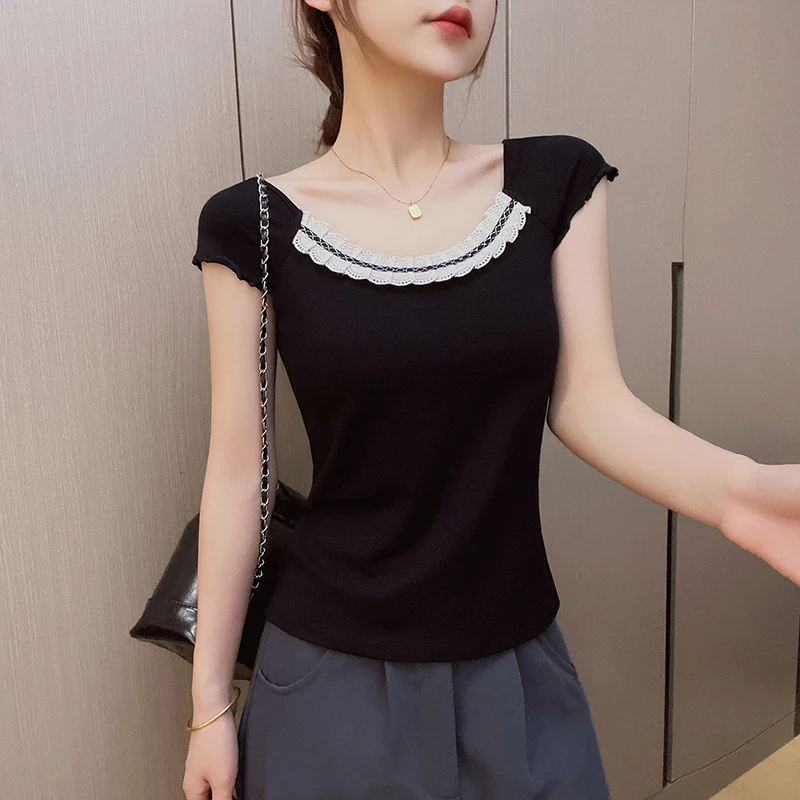 黑色u领短袖t恤女2025新款夏季蕾丝花边设计感外穿打底半袖上衣