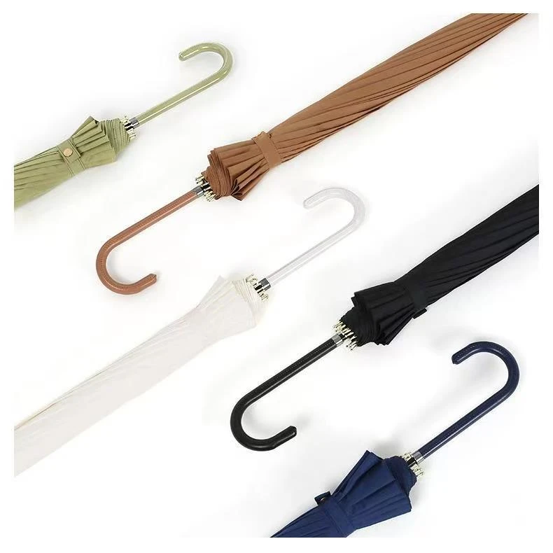 简约16骨小清新森系复古配色皮柄自动长柄晴雨两用伞长柄伞