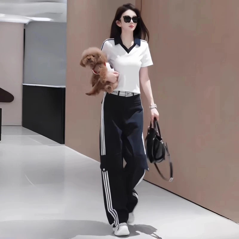 韩系休闲时尚套装女夏季新款polo衫V领短袖T恤宽松长裤减龄两件套