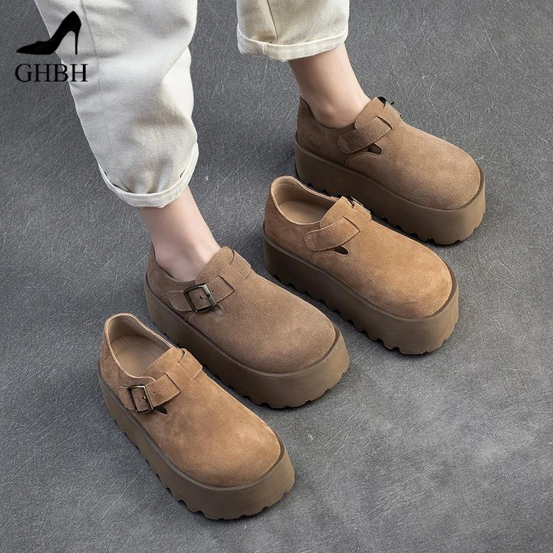 厚底复古爆款勃肯鞋女春2025新款增高一脚蹬乐福鞋小个子松糕单鞋