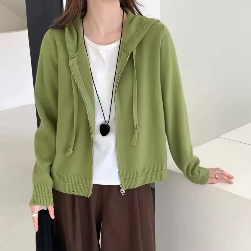 玲姐定制-连帽抽绳双拉链纯色宽松休闲破洞下摆款针织开衫474735