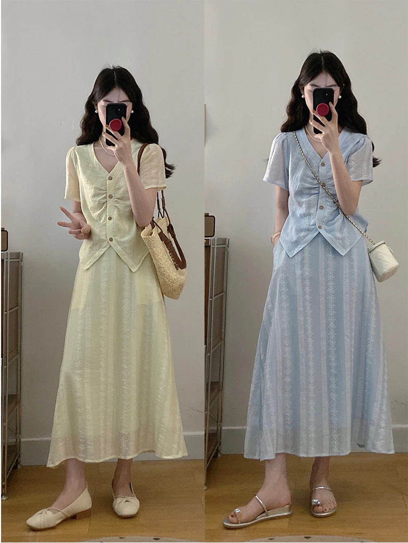 2025夏款胖mm大码女v领提花不规则短款中长款半身裙套装 22544