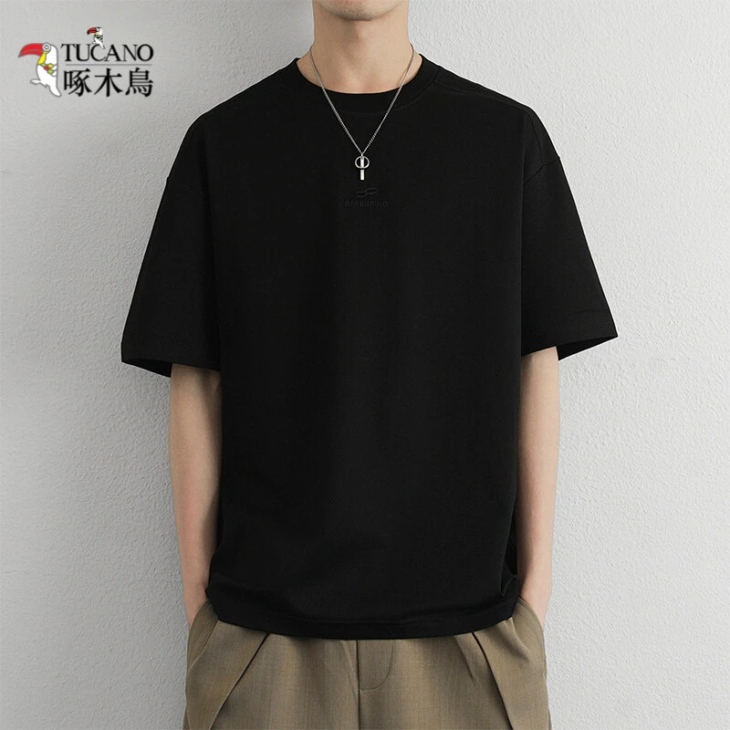 啄木鸟短袖t恤男夏季2025新款圆领半袖男黑色百搭上衣服重磅体恤
