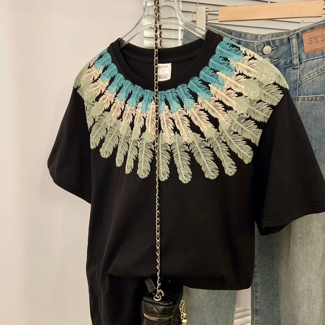 特大码300斤国潮羽毛印花短袖t恤男女夏季2025新款宽松半袖上衣