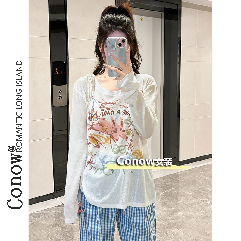 慵懒风夏季新款时尚涂鸦印花宽松T恤ins长袖薄款微透防晒罩衫
