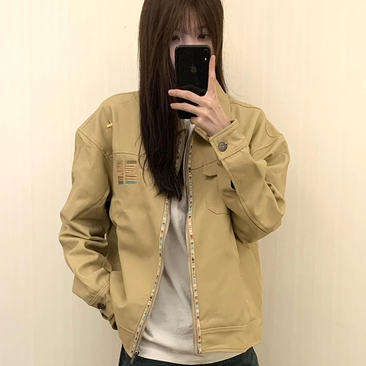 025开 春新款外套女设计感小众翻领工装情侣宽松美式覆古夹克上衣