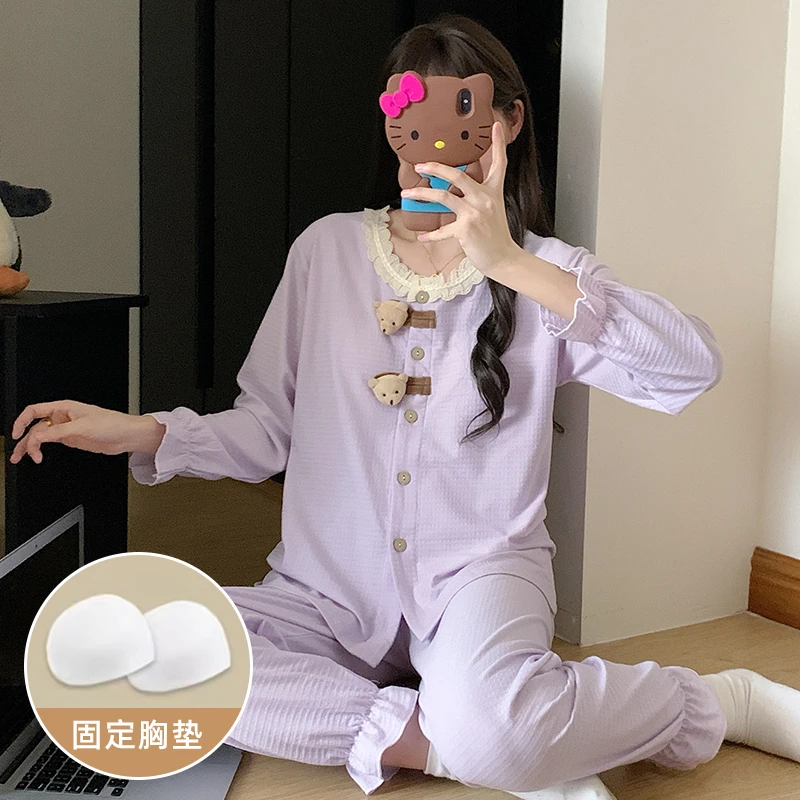 可爱甜美小熊长袖睡衣女款春秋季提花棉少女花边圆领家居服套装