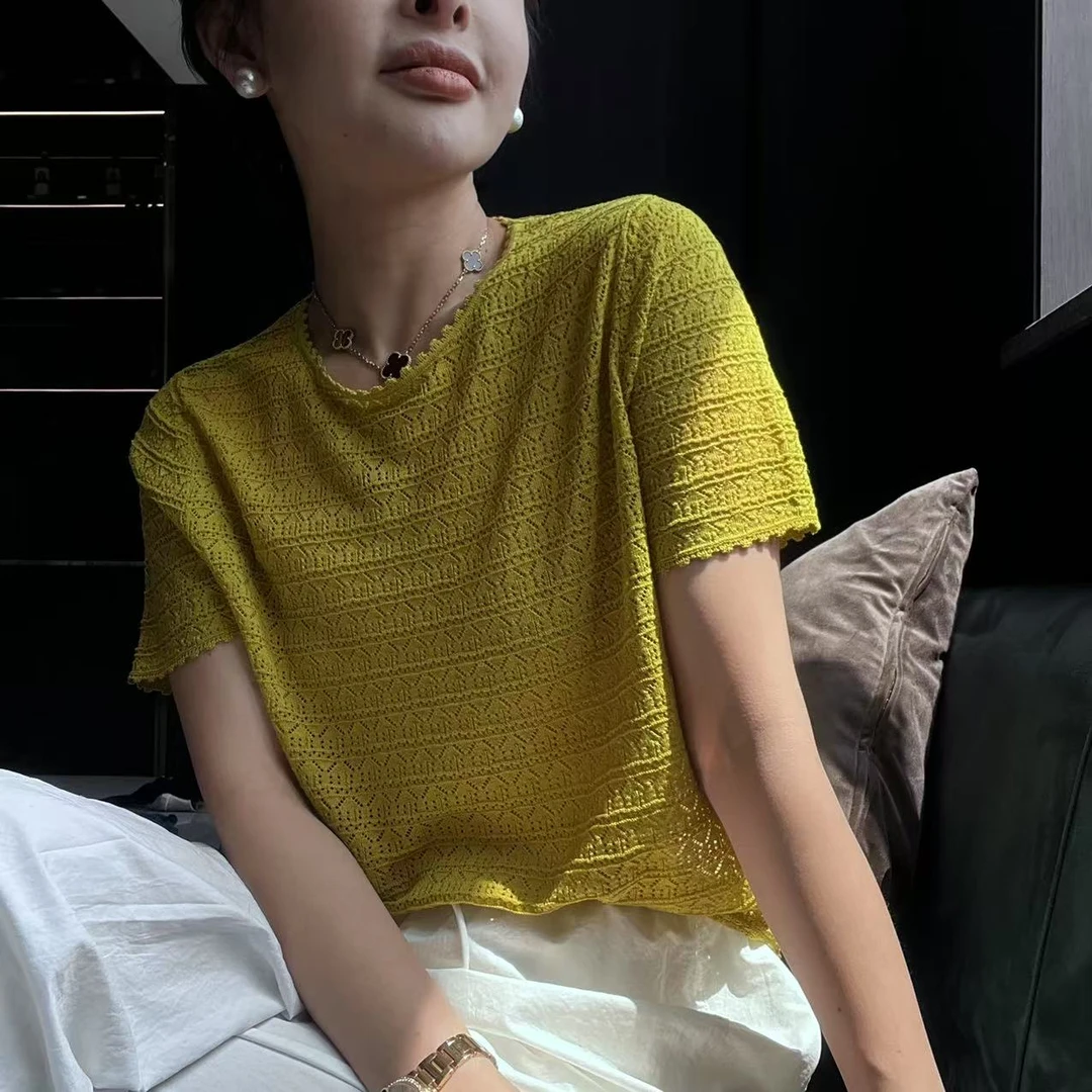 MINGGANG/名港【针织镂空】圆领纯色镂空针织衫MG8133