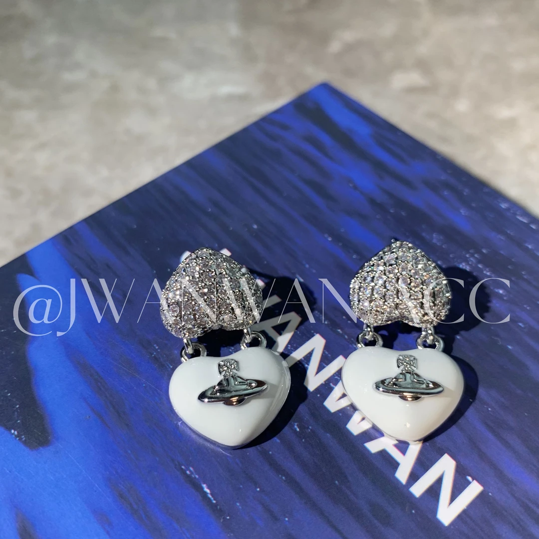 铜合金锆石耳饰 设计师土星奶白双桃心闪钻耳环01ED2812QX