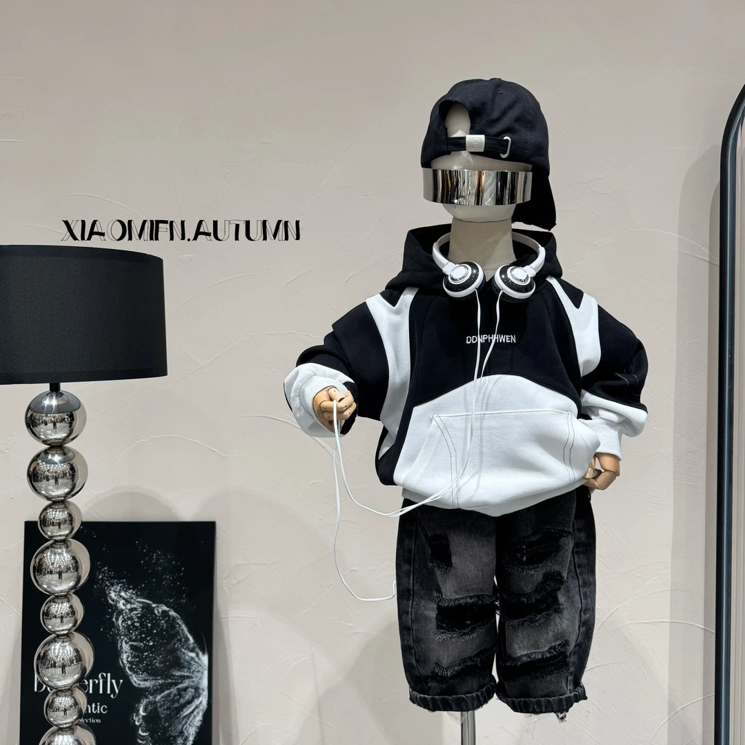 【现货】2025拼接卫衣秋冬新款韩版男童洋气儿童痞帅童装宽松Q58035