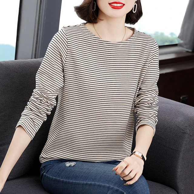 妈妈棉长袖T恤女2026春秋装新款中老年条纹上衣百搭圆领内搭衣