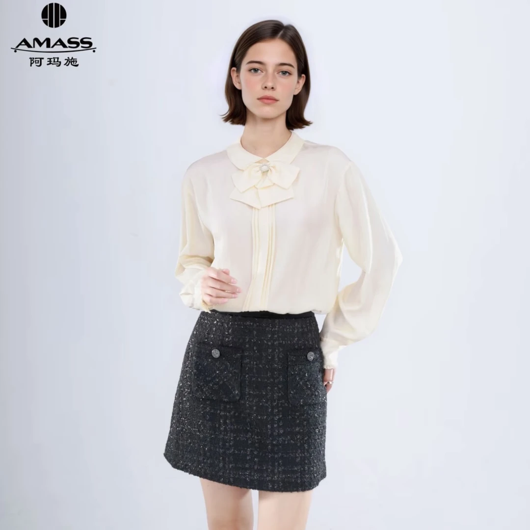 AMASS/阿玛施早秋新款时尚长袖气质泡泡袖系带木耳边衬衫女530087