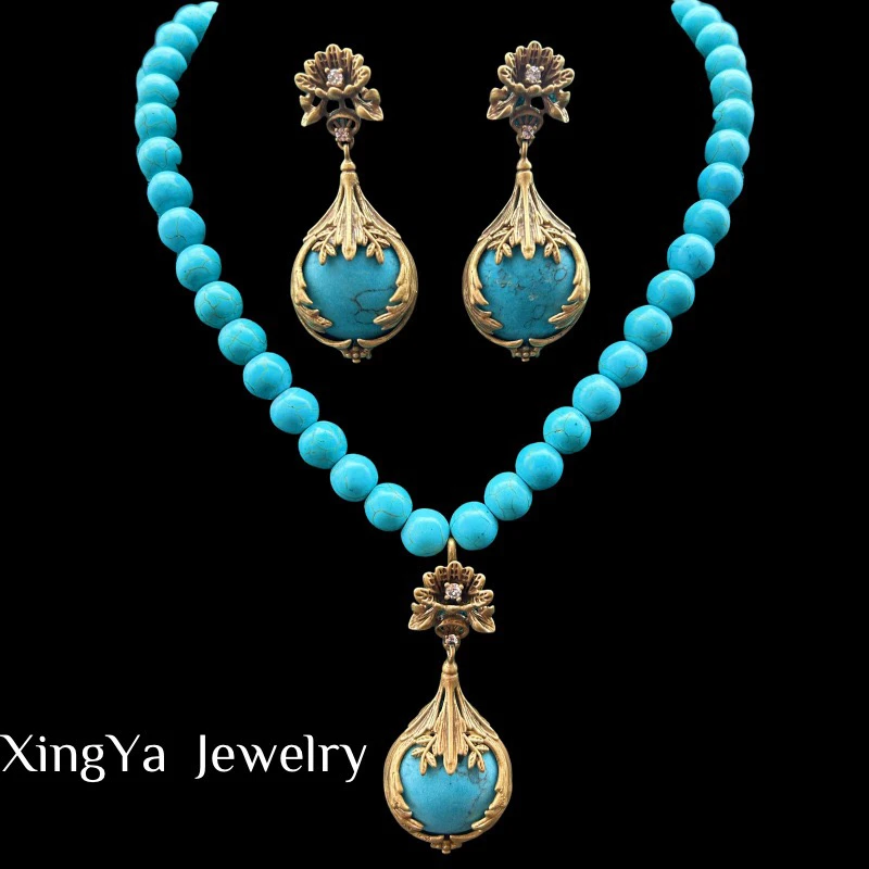 铜合金项链 Vintage复古宫廷风优雅立体花朵项链耳钉套装