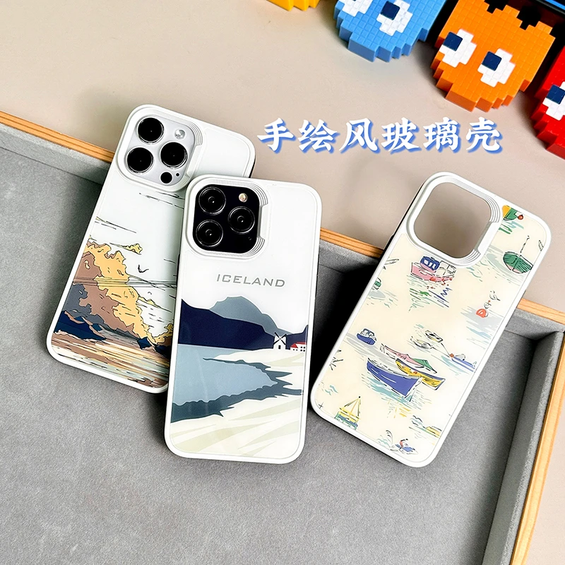 【小魔匠】手绘风适用于苹果16/15/14pormax拼色玻璃13手机壳12防摔