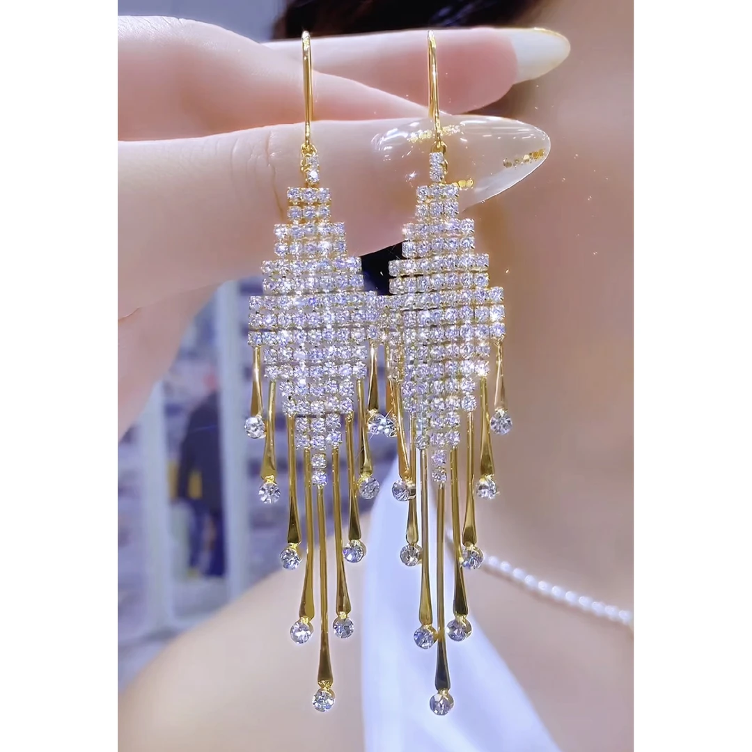 铜合金合成锆石耳饰 时尚气质轻奢百搭大气优雅流苏水滴耳环
