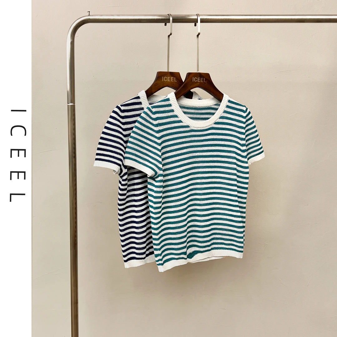 原创欧若风条纹圆领针织T恤女夏季新款短袖时尚显瘦百搭套头上衣