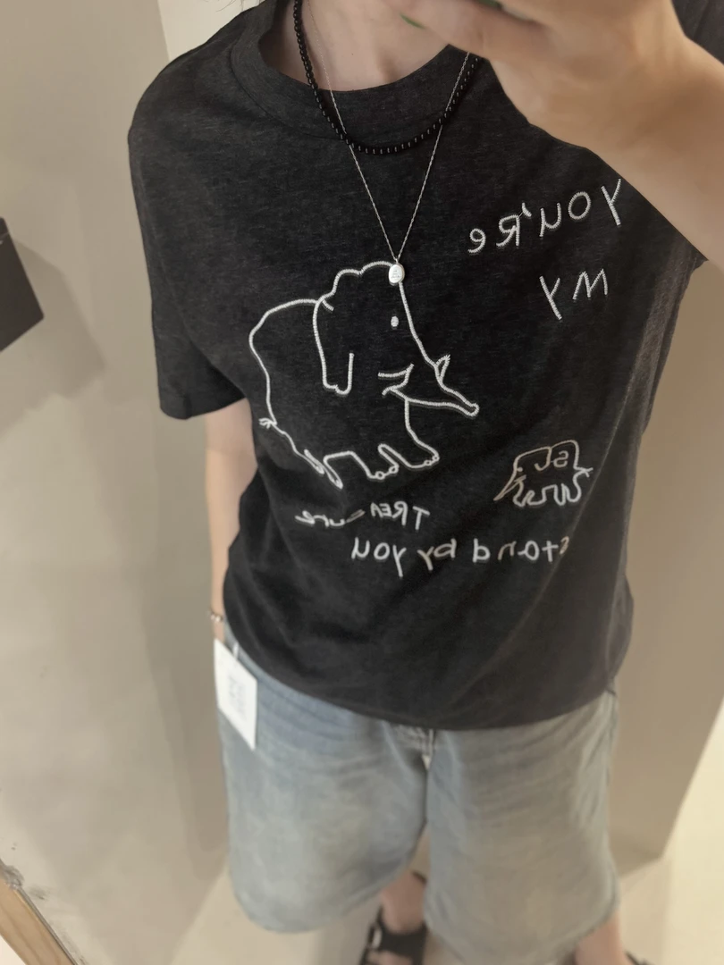 SANSAN 复古字母大象圆领休闲短袖T恤