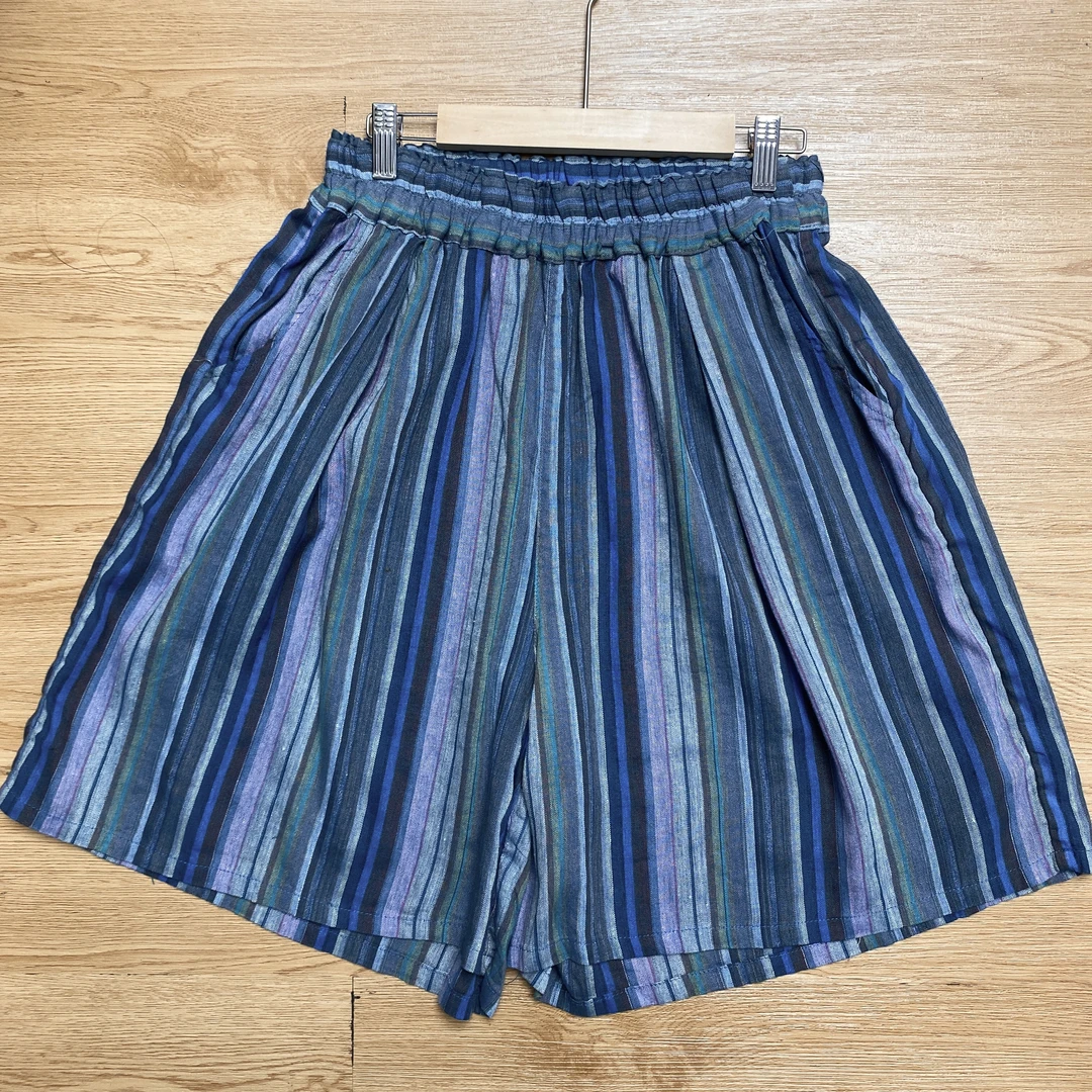 【汉麻蓝绿条纹松紧短休闲裤】3809