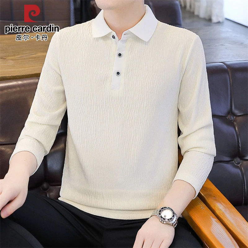 皮尔卡丹男士翻领长袖T恤春秋新款宽松百搭潮流休闲纯色上衣打底