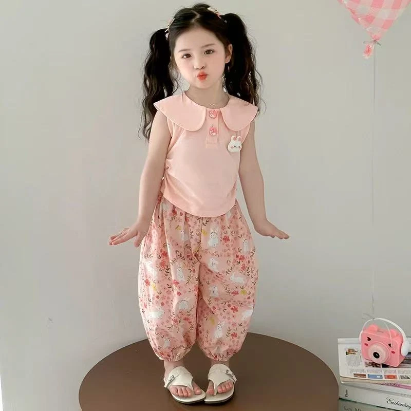 女薄款碎花夏季套头休闲风套装女宝小童运动女童中国风女孩