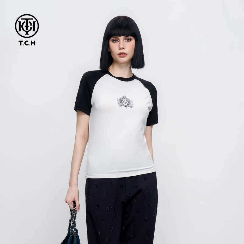 TCH服饰店-美式拼色烫钻小众显瘦百搭短袖T恤上衣T75B106108A