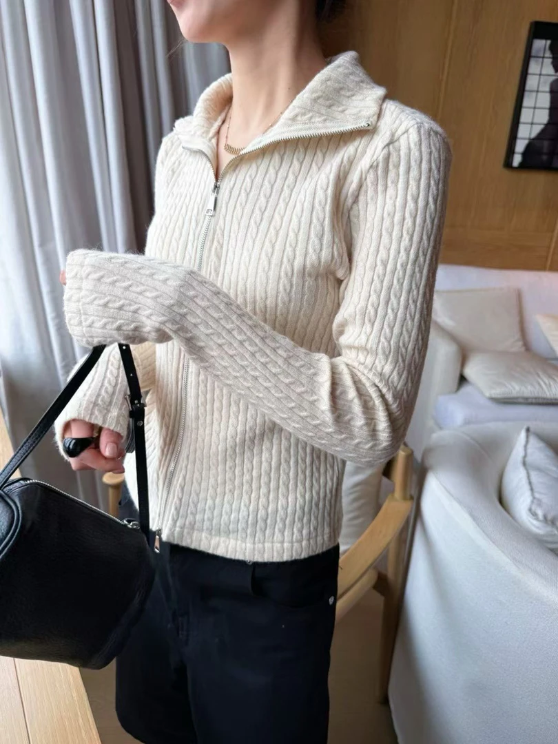 自带松弛感气氛羊毛针织开衫女秋季修身显瘦重工麻花毛衣开衫外套