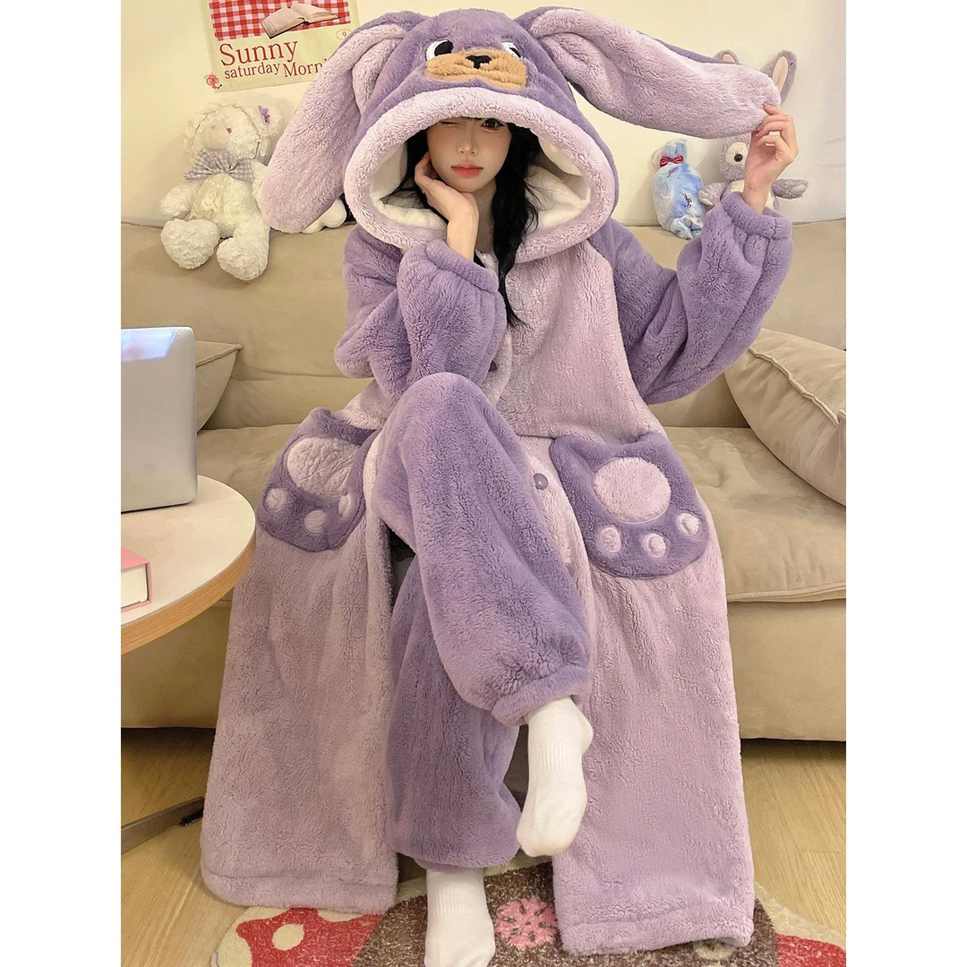 范哲萨-睡袍女士秋冬季珊瑚绒加绒加厚睡衣可爱甜美保暖浴袍加长