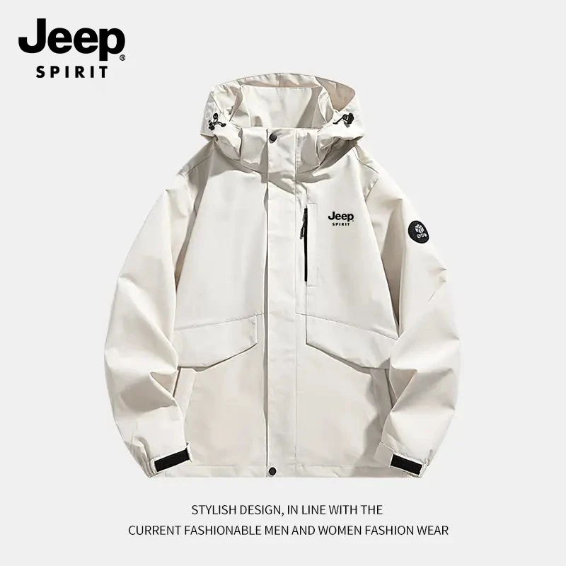 JEEP吉普新款防水防风可脱卸帽情侣冲锋衣男款春秋季薄款运动外套