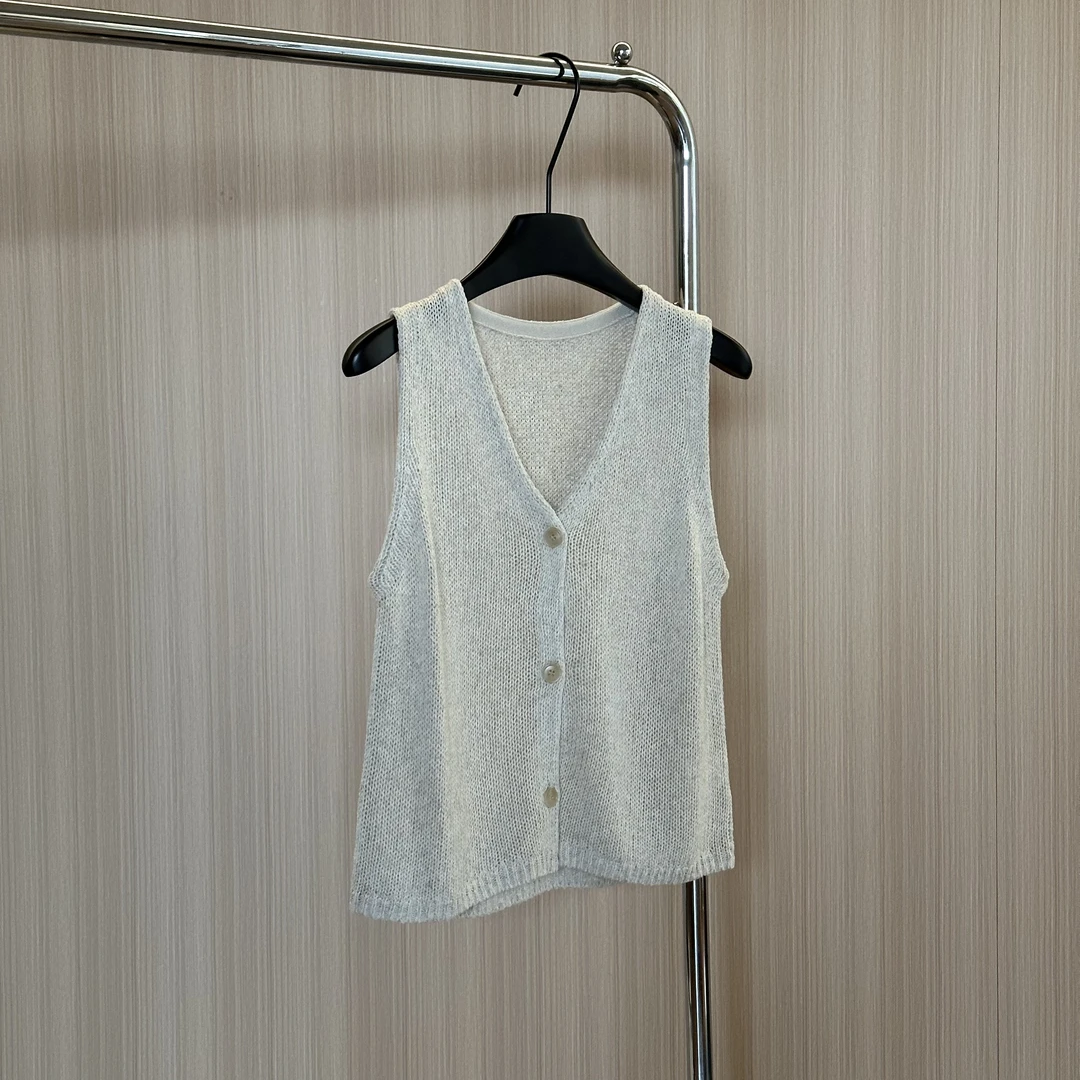 WMM亚麻色v领镂空针织背心女士夏季新款百搭透气舒适