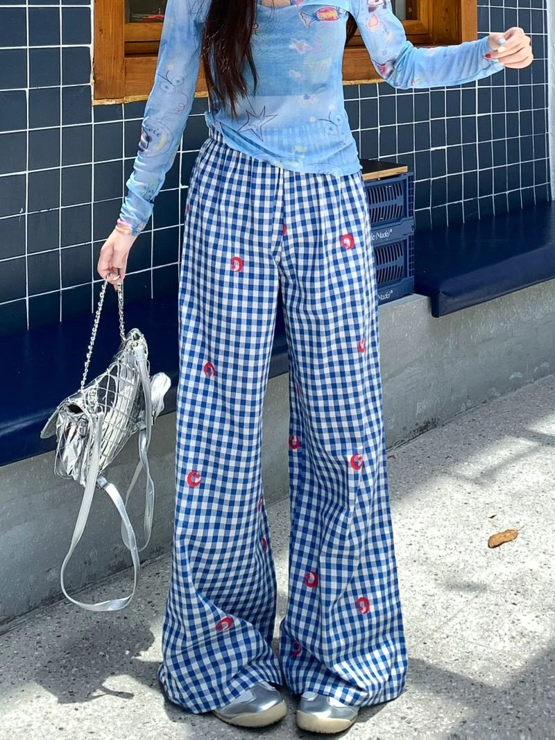 高级爆款睡裤女2025新款蓝色格子居家遛弯可外穿甜美小众ins