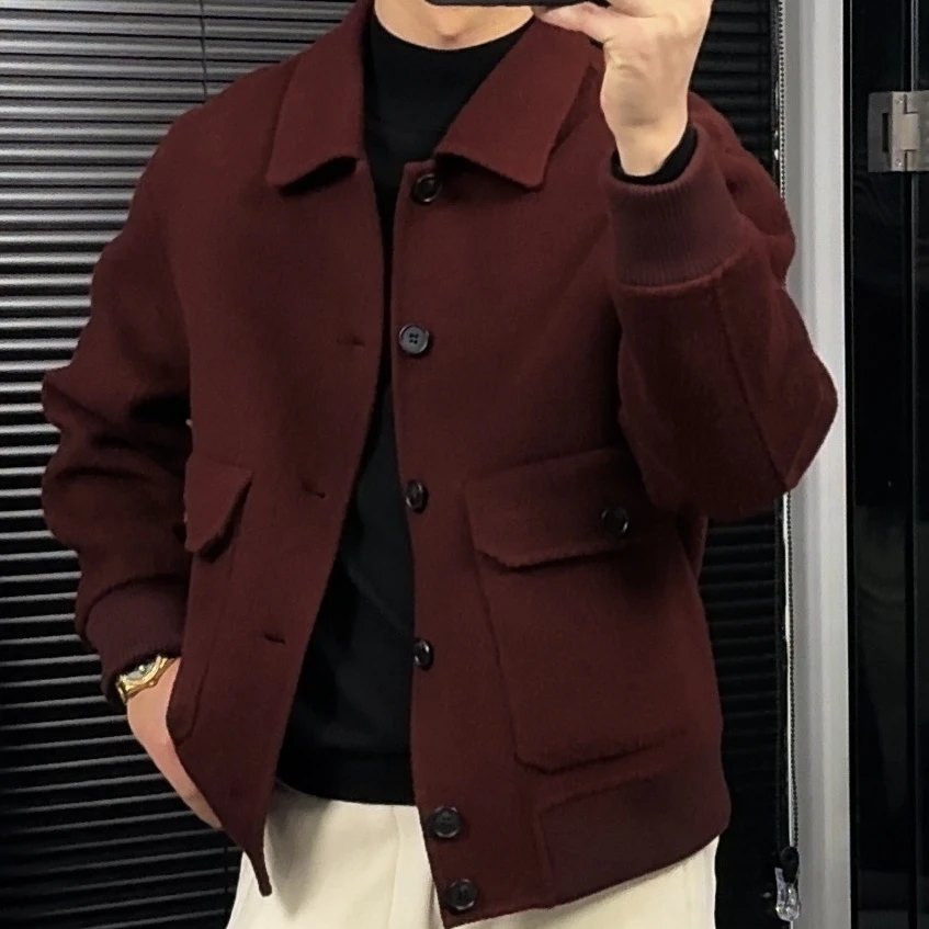 翻领落肩袖（羊毛牦牛绒）潮流冬季秋冬韩版休闲毛呢外套短款双面