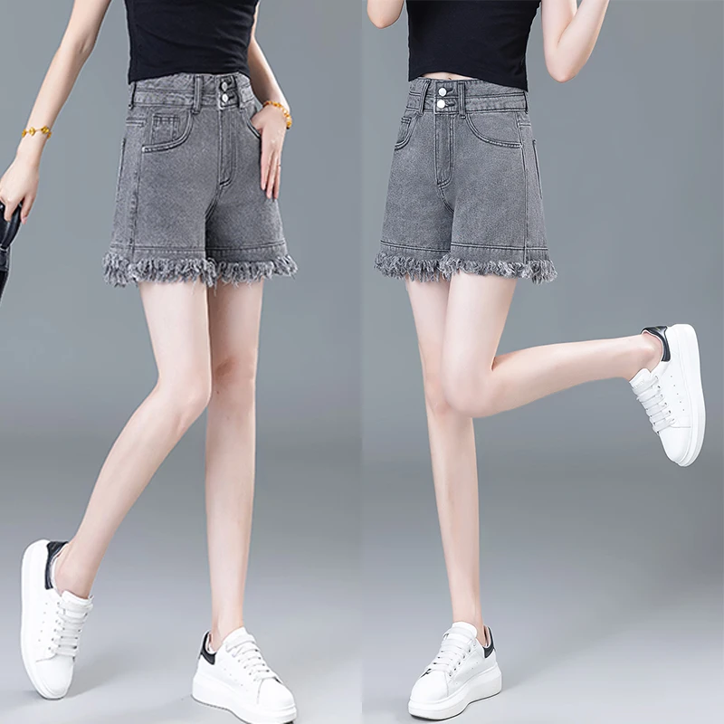 洋气毛边阔腿热裤2025年新款烟灰牛仔短裤女夏季薄款时尚小个子