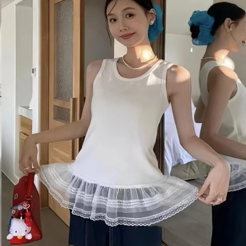 2025春韩系芭蕾风拼接蕾丝花边百搭下摆圆领无袖背心潇禾内搭上衣