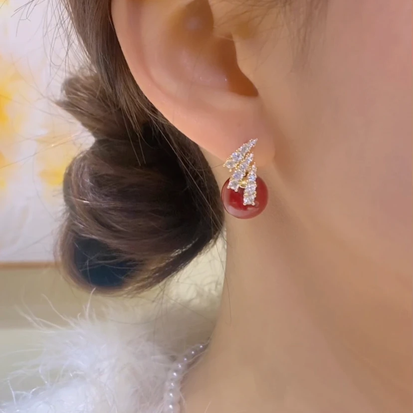 铜合金耳饰 新款红色喜庆过年小众设计高级轻奢法式精致耳饰#01