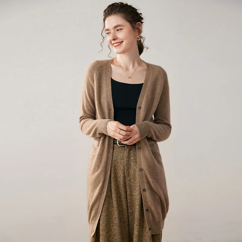 韩版中长款显瘦保暖羊绒衫春秋女宽松针织开衫百搭休闲羊毛衫外套