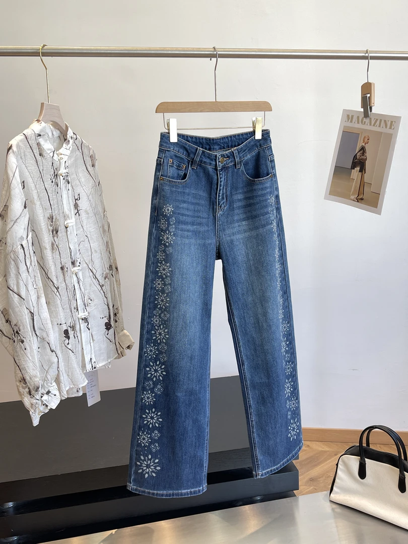 B高端系列！镭射花卉+星落闪钻高腰阔腿牛仔裤 H6694 女装 E304