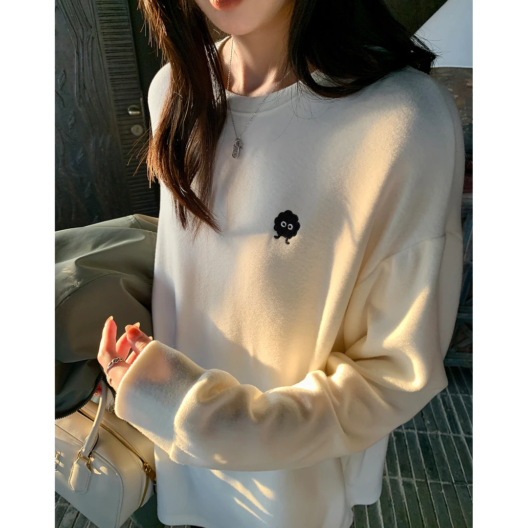 阿一 300g双面泡芙绒 煤球精灵刺绣打底衫女冬季软糯中长白色上衣