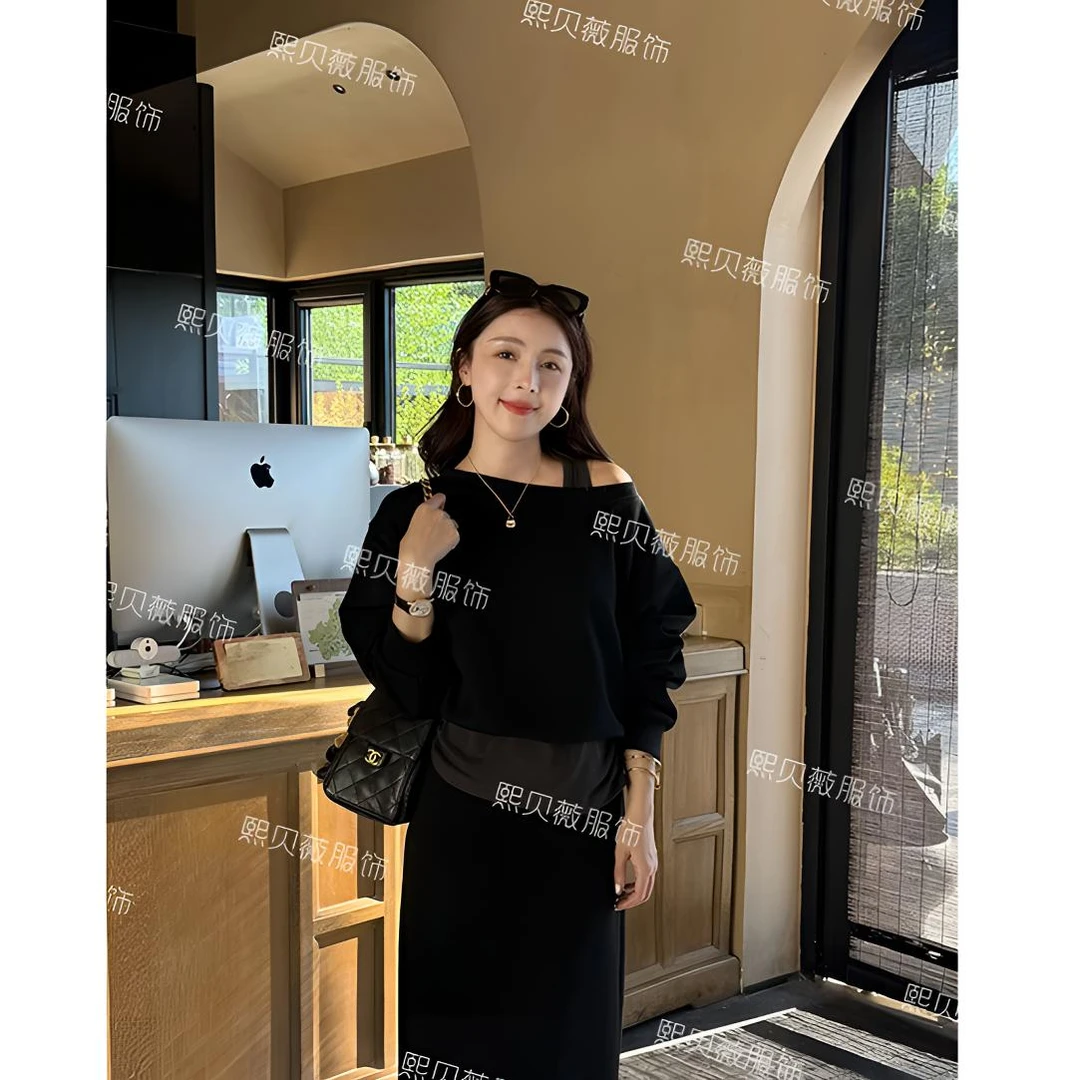 熙贝薇 【慵懒公式】欧货假两件露肩卫衣+半裙两件套套装 G5165