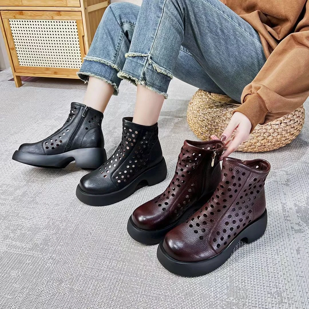 捡漏马丁靴女夏季薄款2025复古真皮镂空凉靴轻便厚底头层牛皮短靴